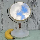Vintage Milk Glass Brass Plated Reversible Make-Up Mirror w Magnification