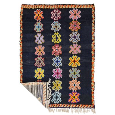 Moroccan Boujaad Handmade Rug 4'8x6'6 Berber Abstract Wool Cotton Black Carpet