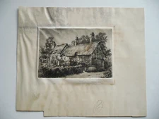 GEORGE HUARDEL BLY, Etching SIGNED, Cottage Farm LANDSCAPE ANTIQUE PAPER restore