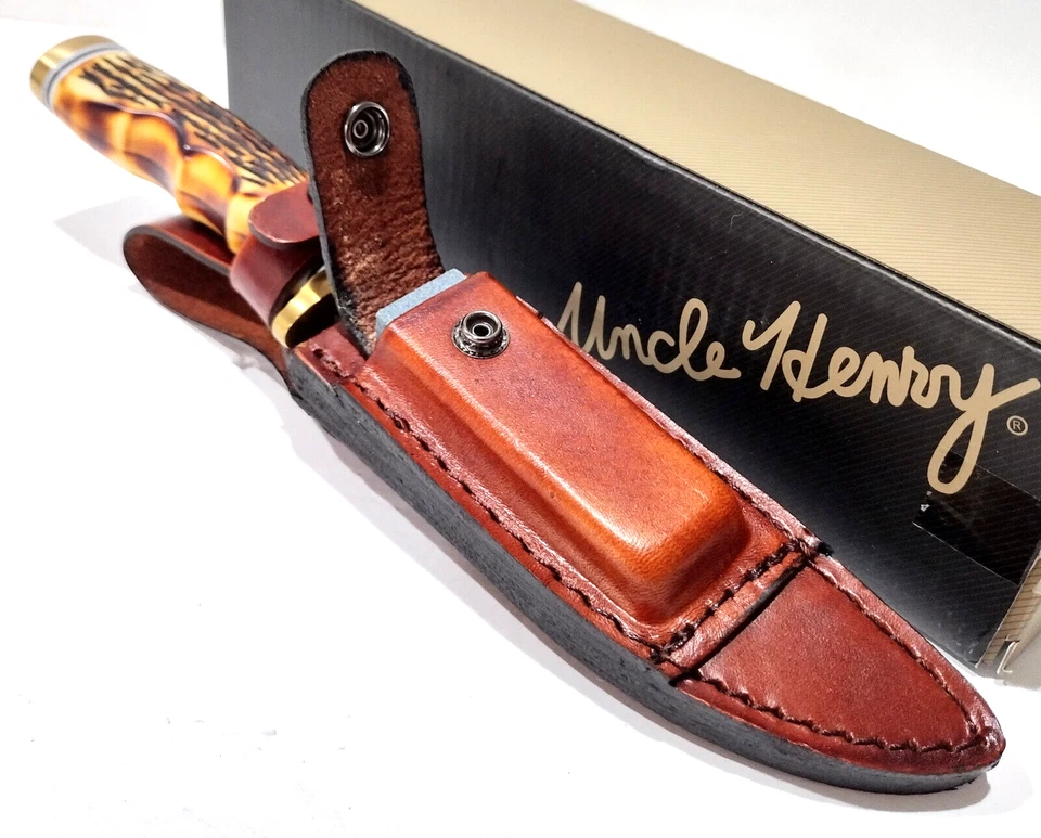 Bainha de couro Schrade Uncle Henry Golden Spike faca de esfolar pedra afiada - Imagem 4 de 4