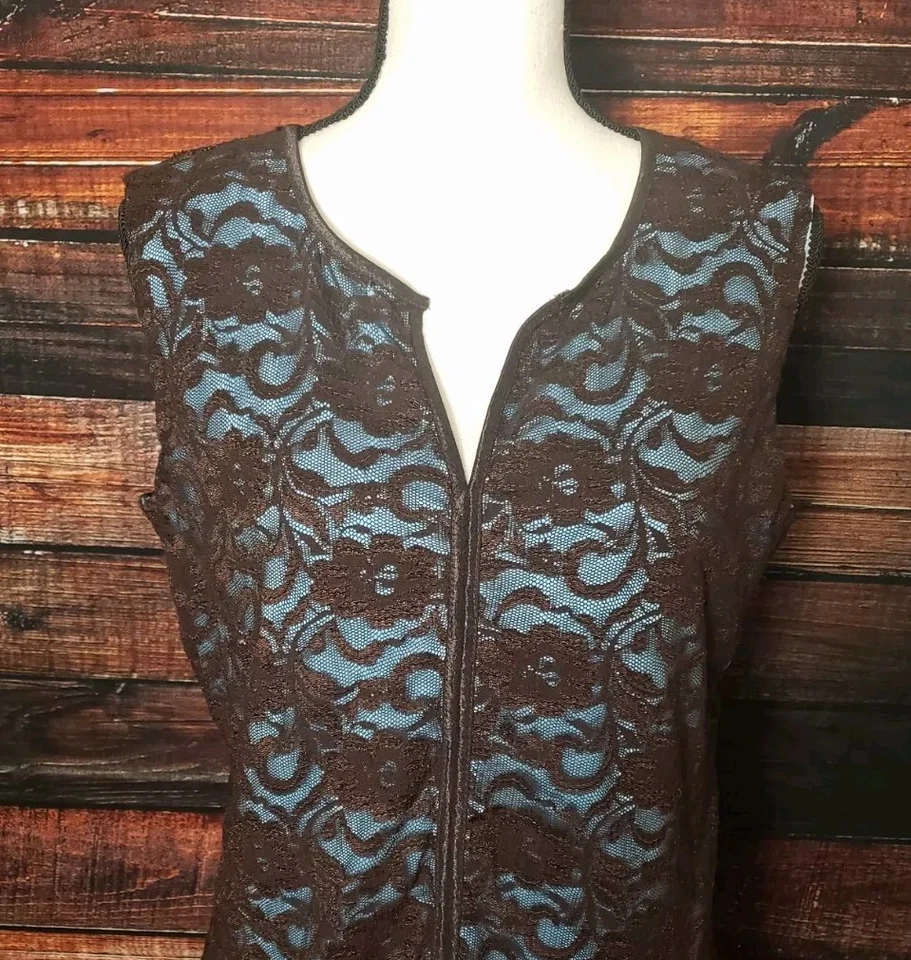 Camisa Tribal Grande Encaje Superpuesto Marrón Sin Mangas Blusa Top Forro Azul Claro Foto 2 de 4