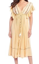 Free People Will Wait For You Midi Dress Yellow Embroidered Fairycore Large