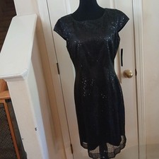 NWT Tahari Little Black Dress Sequin Lined Cap Sleeve Mini Dress 8 Y2K Glam