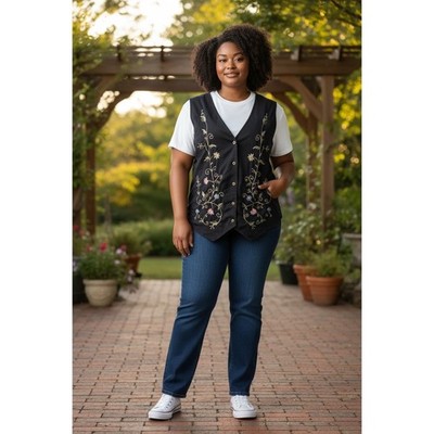 White Stag Woman Navy Blue Floral Embroidered Cotton Vest Plus Size 24W