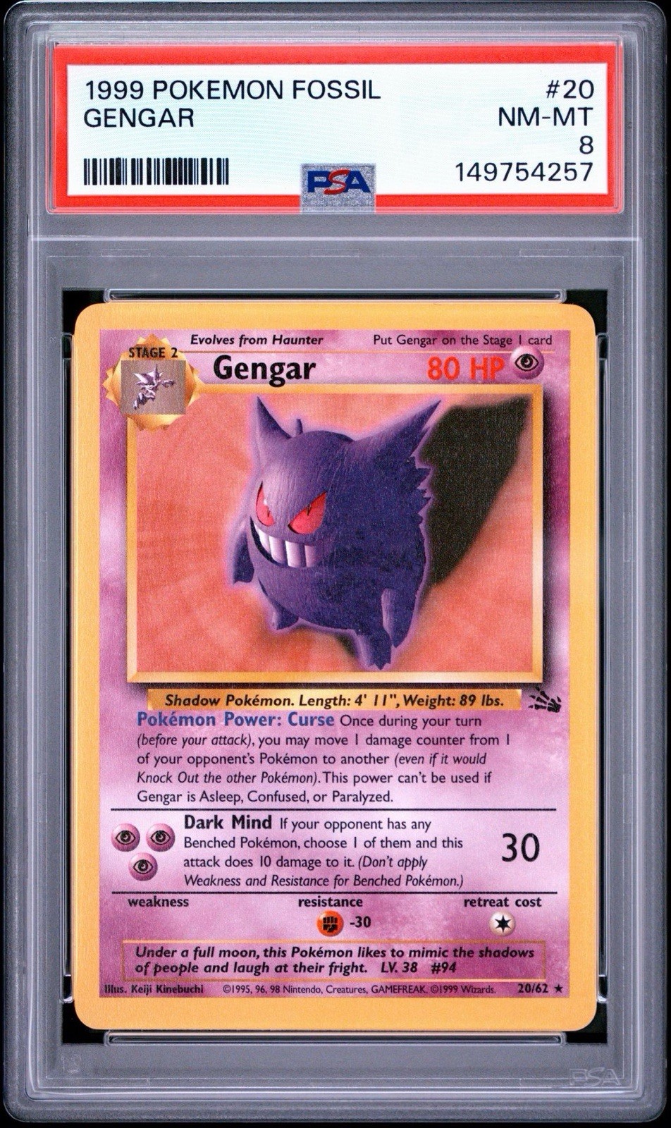 1999 Pokemon Fossil Gengar #20 PSA 8