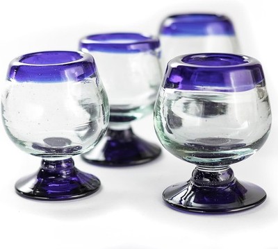 Authentic Mexican Tequila Hand Blown Shot Glasses - Set of Cobalt Blue Rim