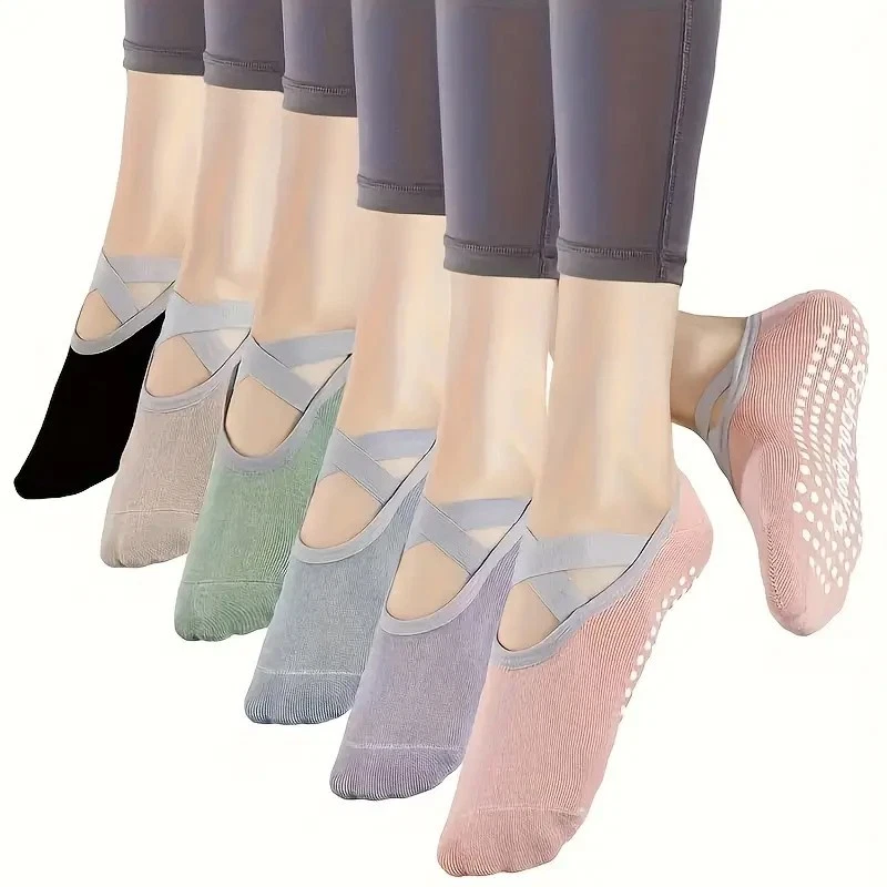 6-Pack Yoga Socks, Grip Socks with Cross Straps for Pilates Ballet Barre - Image 2 of 3