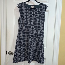 LOFT Blue White medallion print A line dress Sz 12 stretch Sleeveless side zip