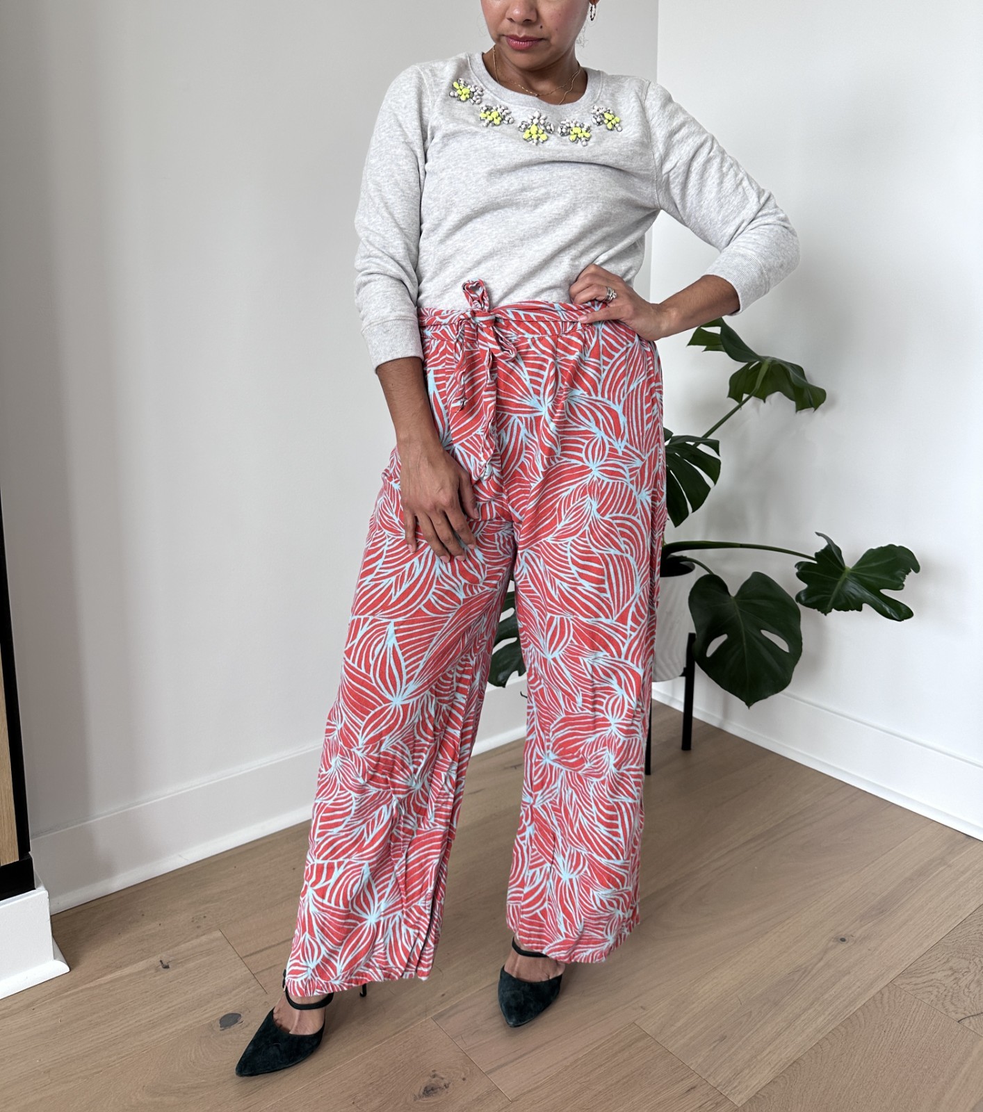 Midnight Sky Tropical Leaf Linen Blend Wide Leg Summer Palazzo Flowy Boho Pants