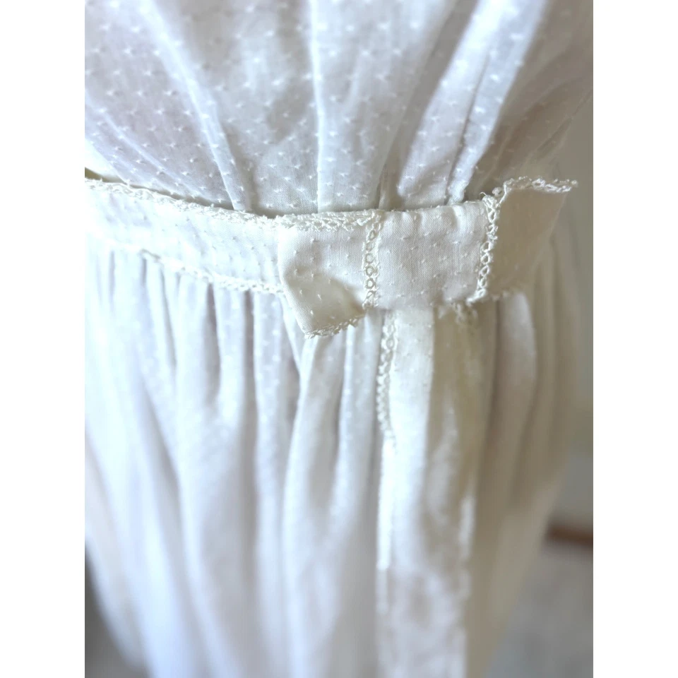 Vestido Vintage Blanco Punto Suizo Floral Bordado Manga Abullonada Cinturón Midi Talla 0 XXS Foto 3 de 4