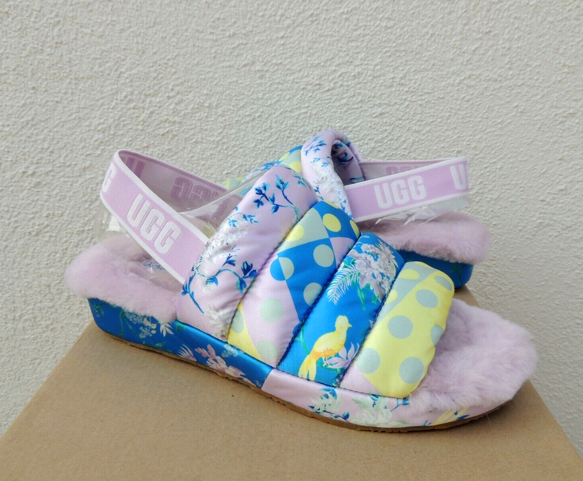 UGG PUFF YEAH FLORAL MULTI SLIDE SHEEPSKIN SLIPPER SANDALS, US 10
