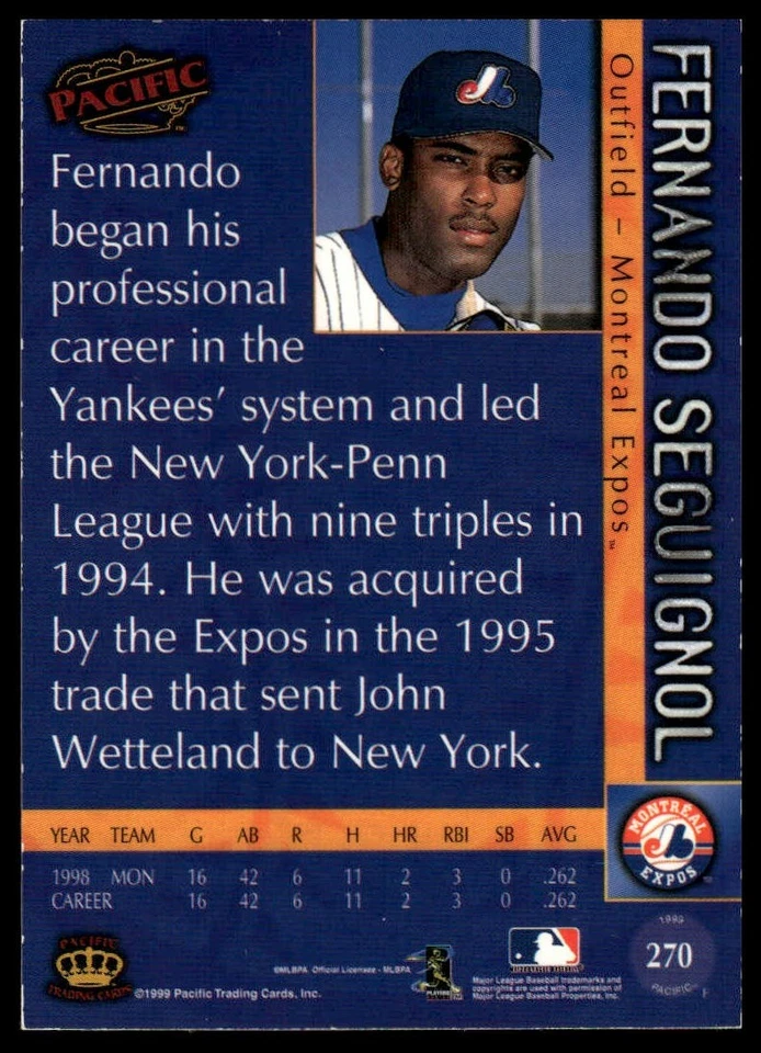 1999 Pacific #270 Fernando Seguignol Platinum Blue - Image 2 of 2