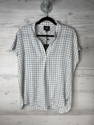 W5 Blouse Womens Large Blue Gingham V Neck Short Sleeve Top Button Back NWT