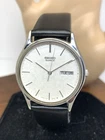 Seiko Men's Watch 5Y23-8039 Quartz Silver Dial Day Date Black Leather Strap 33mm