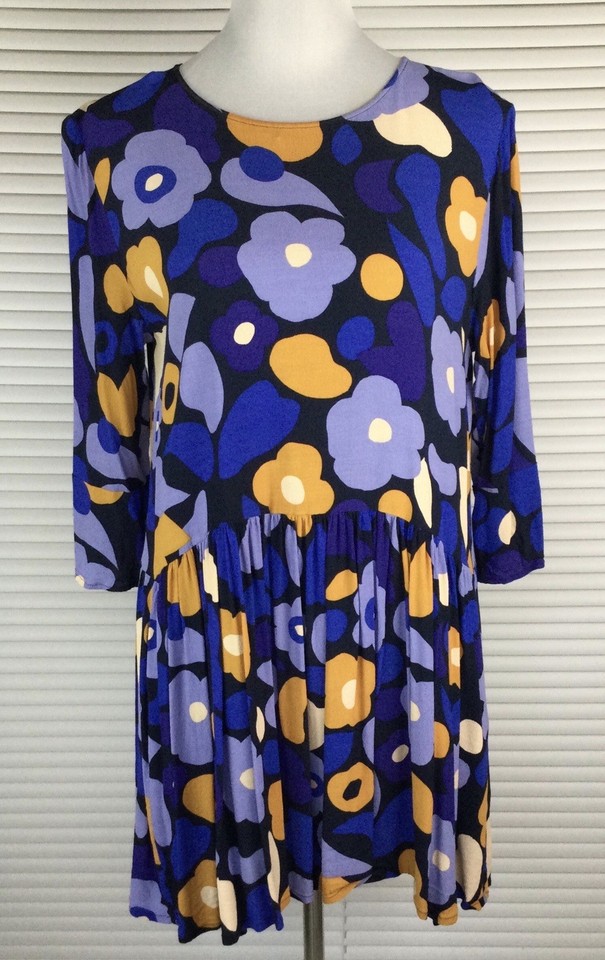 Mister Zimi Floral Smock Dress Size 10 Blue Mini Shift Dress With Pockets