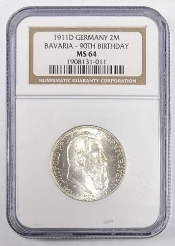 1911 D Germany 2 Mark Bavaria 90th Birthday NGC MS 64