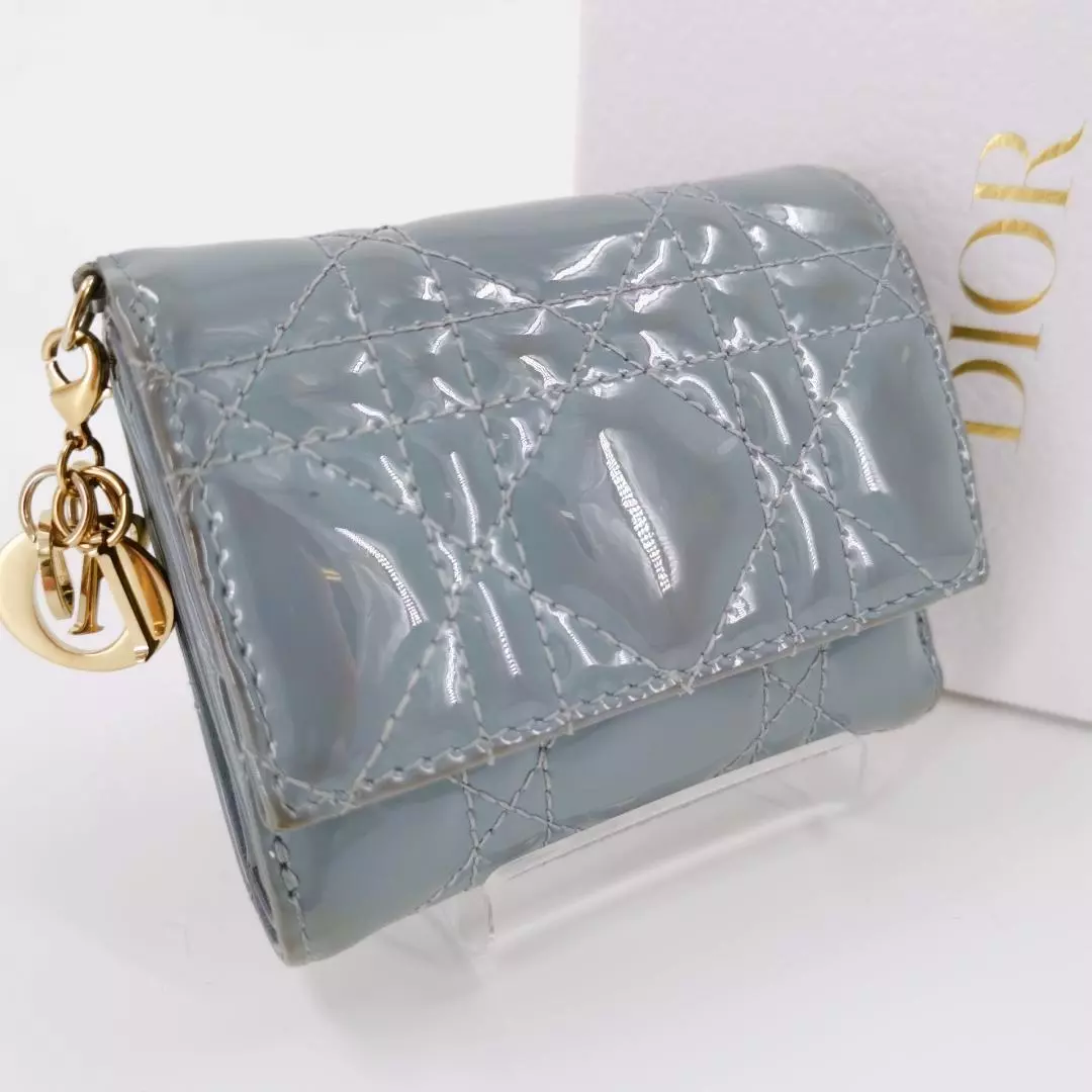Auth Lady Dior Cloud Bleu Lotus Portefeuille Cannage Compact Sac à Main Émail Du Japon
