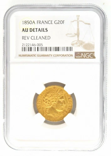 1850 A France 20 Franc Gold Coin NGC AU KM# 762 Second Republic 