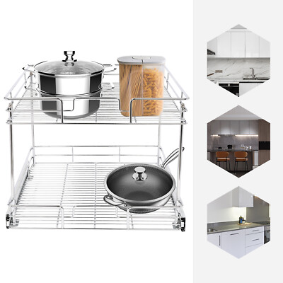 2 Tiers Pull-out Cabinet Kitchen Organizer Utensils Storing Shelves Holding Rack