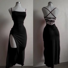 Sexy Backless Lace Up Long Dress Women Split Sleeveless Party Club Evening Robes