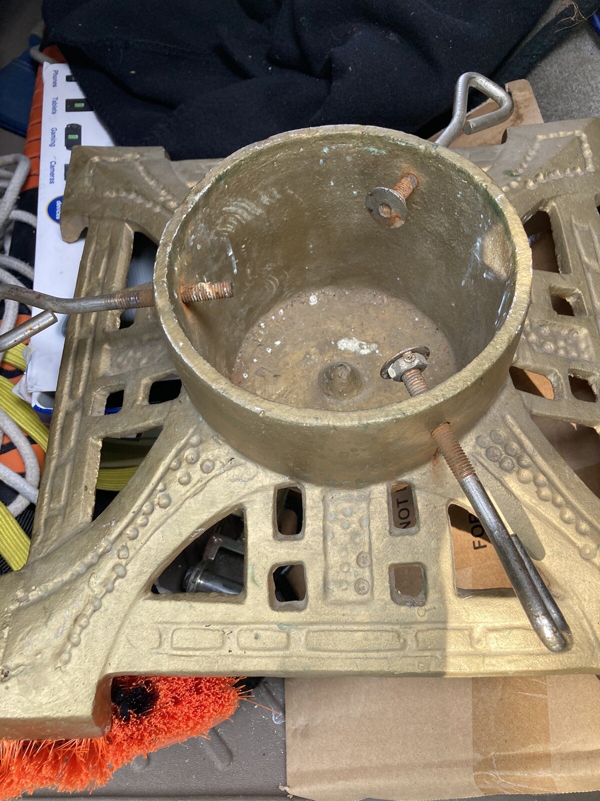 Vintage Ornate Cast Iron Christmas Tree Stand Gold 14” Square Heavy