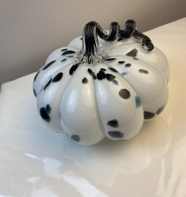 Art Glass Pumpkin Curly Clear Stem 8  Wide Black And White W/blue 