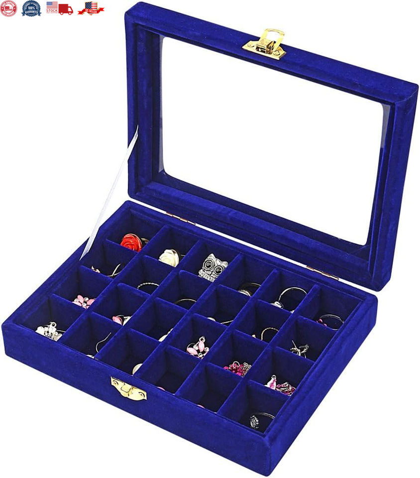 24 Section Velvet Glass Jewelry Ring Display Organiser Box Tray Holder