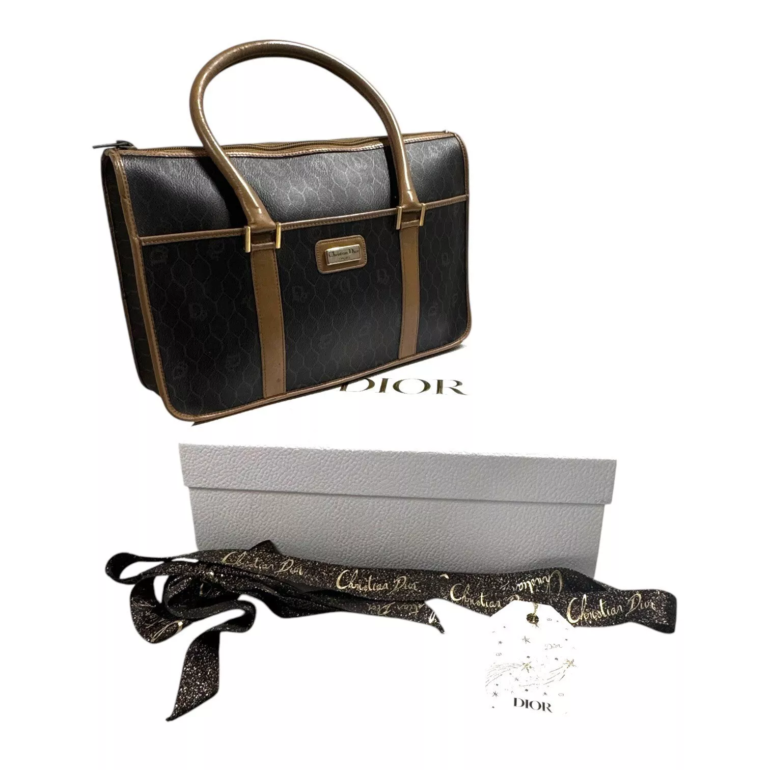 Sac Christian Dior noir x marron monogramme trotteur nid d'abeille Boston vintage boîte cadeau