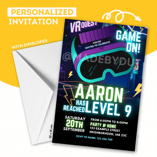 10x Personalized Virtual Reality Party Invitations Videogame Neon Birthday VR