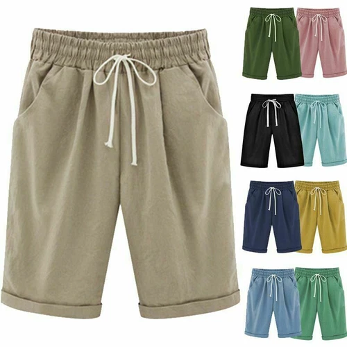 Womens Solid Beach Bermuda Capri Shorts Loose Casual Summer Crop Pants Trousers