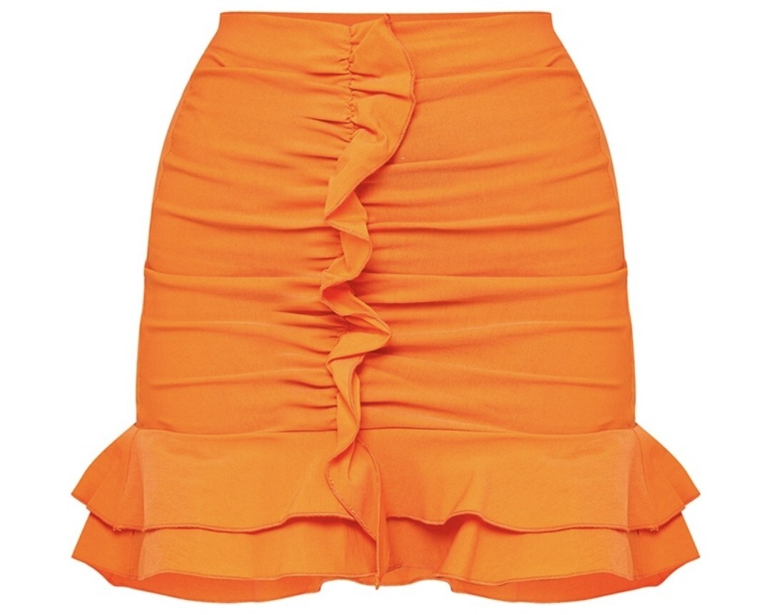 PrettyLittleThing Orange Woven Stretch Frill Ruched Front Mini Skirt Sz. 4 NEW