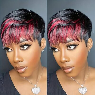 Short Pixie Cut Black Human Hair Wigs with Highlight Bangs  display picture 1