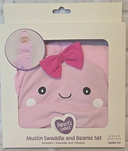 Muslin Swaddle And Beanie Hat Set Pink Parents Choice 100%Cotton Brand New
