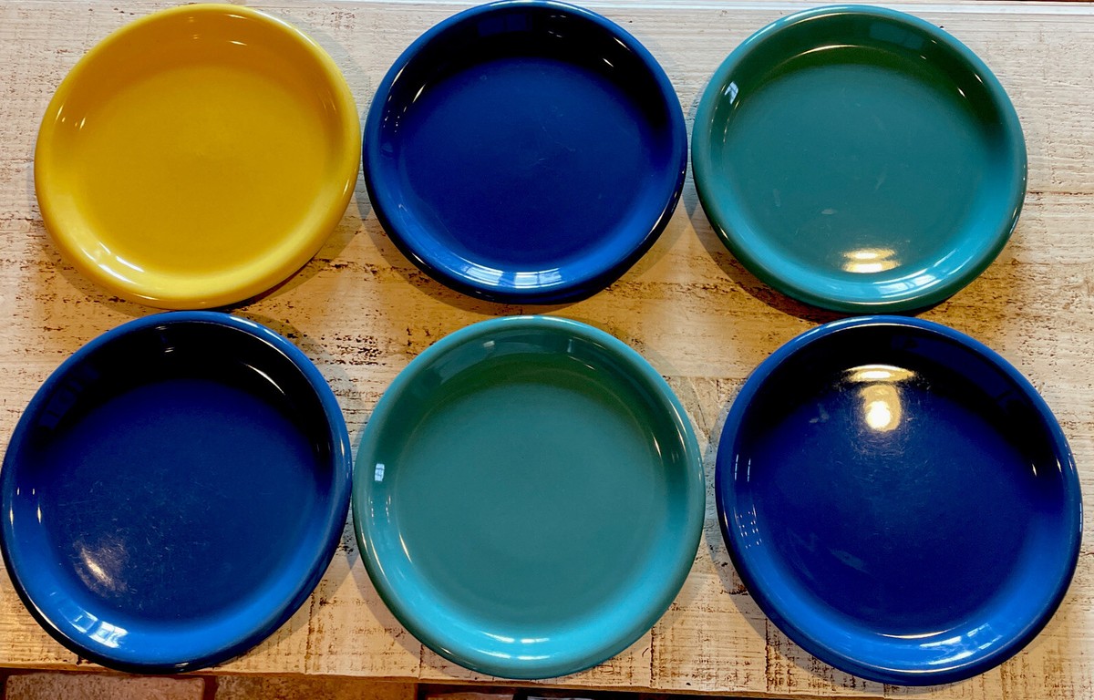 6-VINTAGE CROWN CORNING JAPAN PREGO LUNCHEON PLATES - JADE,BLUE