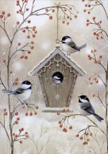 Birdhouse and Chickadees Box of 14 Sarah Summers Deluxe Glitter Christmas Cards