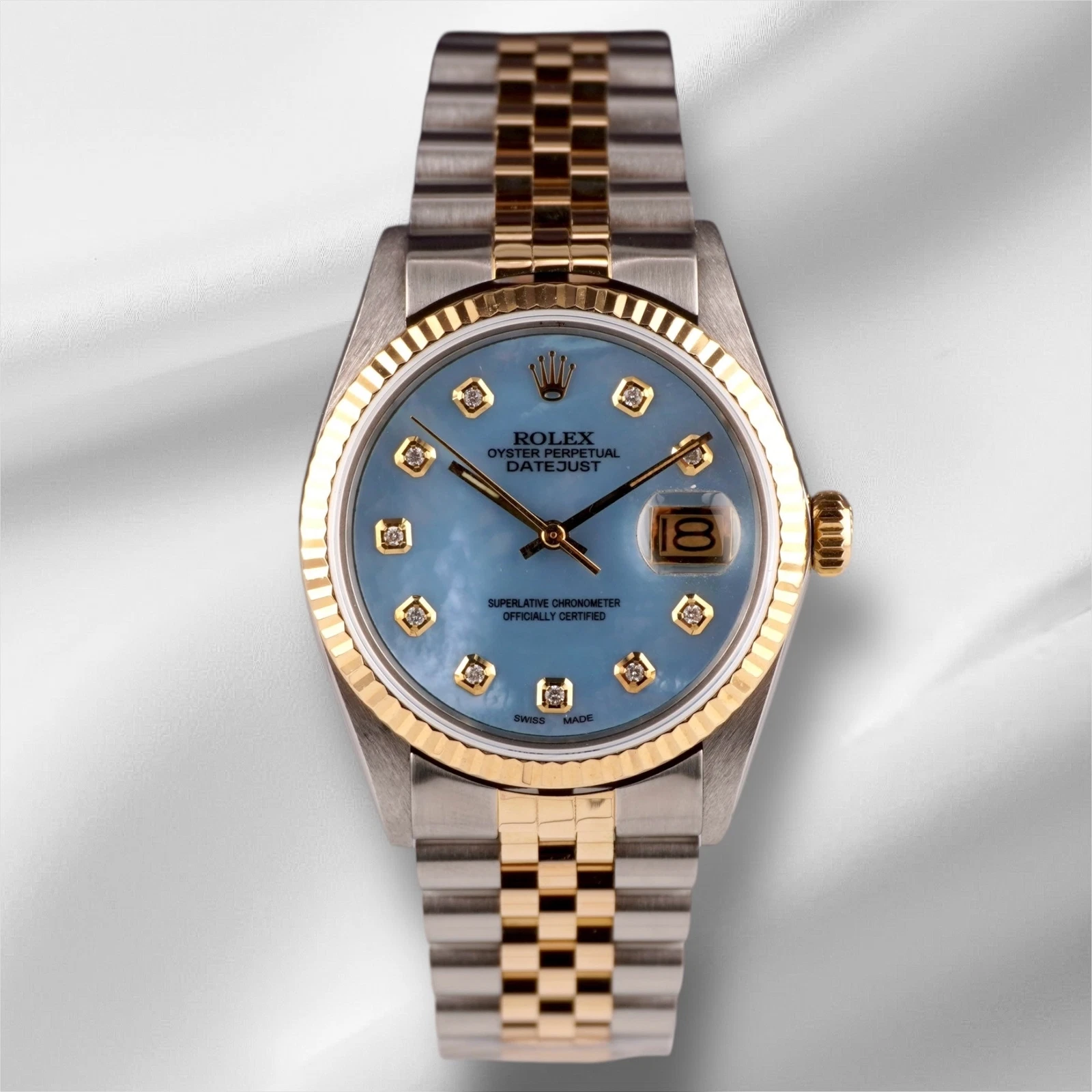 Rolex — Rolex Datejust 36mm 18k YG & Steel Fluted Blue MOP Diamond Dial Watch 16013