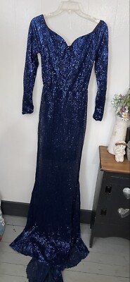 Womans S Royal Blue Full Sequin Maxi Dress Train NWOT 