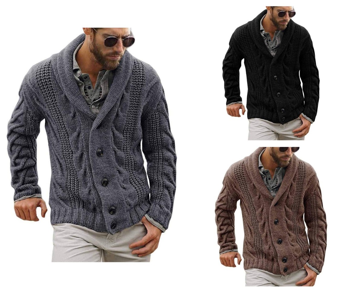 Mens Cable Knit Cardigan Chunky Jacket V Neck Shawl Collar Grey various  sizes