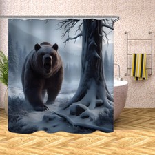 Brown Bear Print Waterproof Shower Curtain Sets Bathroom Decor Curtain W/Hook70"