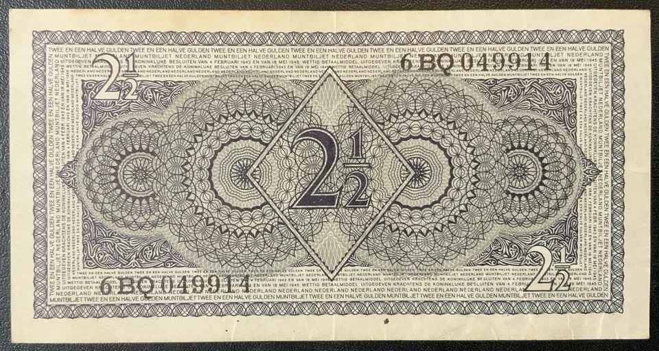 Papel moneda de los Países Bajos 1949 - ¡Billete de 2 1/2 florines! Foto 2 de 2