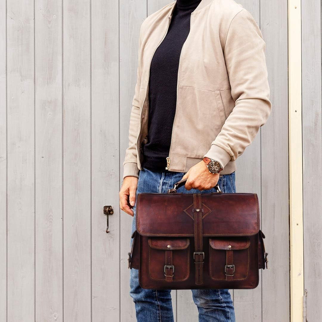 Vintage Leather Laptop Messenger Bag for Men - Rustic Brown, 18