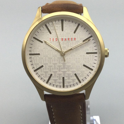 Ted Baker Watch Mens 40mm Gold Tone White Pattern Dial Brown Leather New Battery