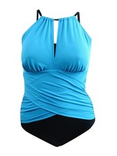 Swim Solutions Women's Draped High Neck Swimsuit 16, Black/Blue 