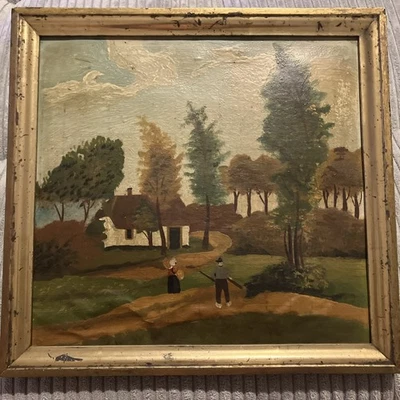 Antikes Ölgemälde ländliche Idylle Bauernhof naive Malerei Goldrahmen, alt - Bild 1 von 4