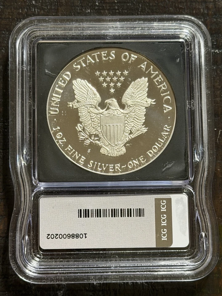 1987 S PROOF SILVER EAGLE ICG PR70 DCAM AUSTIN HUTTO AUTOGRAFADO ETIQUETA PRETA 1 DE 249 - Imagem 2 de 2