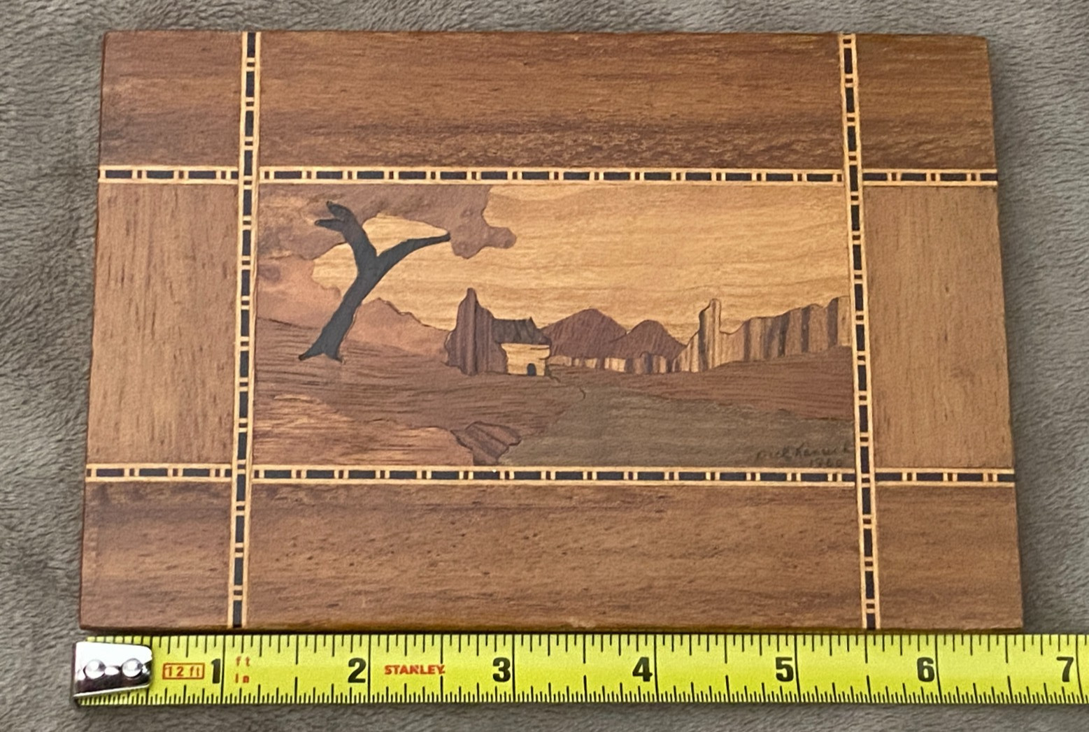 Vtg Wood Inlay Marquetry Picture 6.55" x  4.25" Farmhouse Tree Signed dated 1960