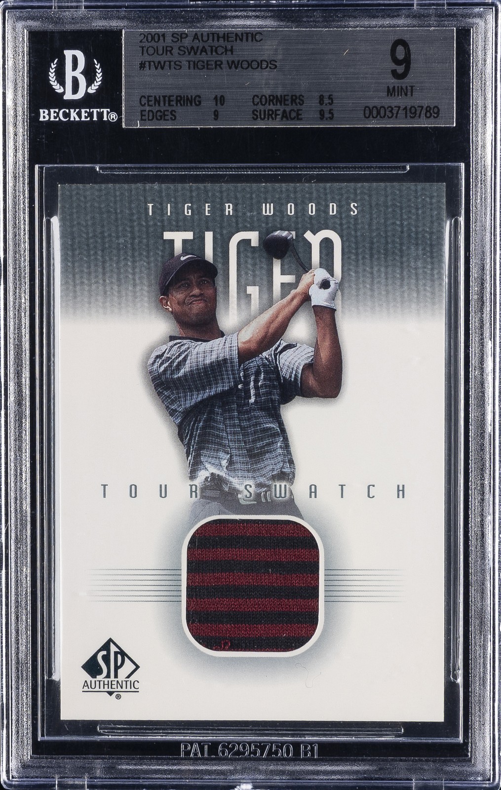 2001 SP AUTHENTIC TOUR SWATCH #TWTS TIGER WOODS ROOKIE RC BGS 9 view 1