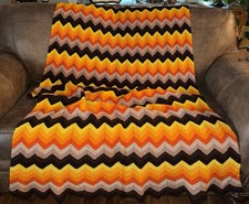 Vtg 70s Crochet Afghan Blanket Chevron Ripple Orange Brown Yellow 87x48 EX