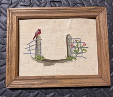 Farmhouse Red Bird On Fence Post Flower Garden Framed 7x10 Needlepoint Complete