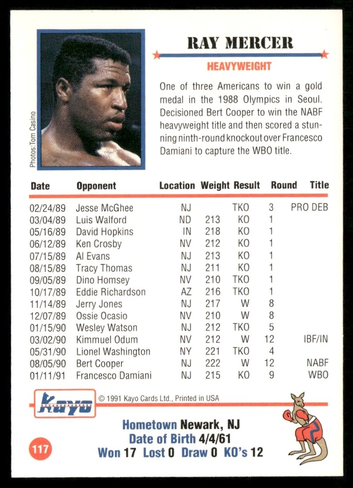 1991 KAYO BOXING RAY MERCER #117 - Image 2 of 2
